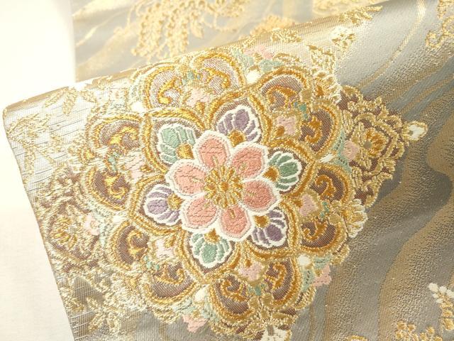 平和屋着物▼六通柄袋帯　唐織　正倉院向かい鳥花文　金糸　正絹　逸品　DABH7135fe