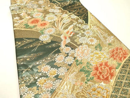 平和屋着物▼六通柄袋帯　流水鳳凰花文　金糸　正絹　逸品　DABH7136fe