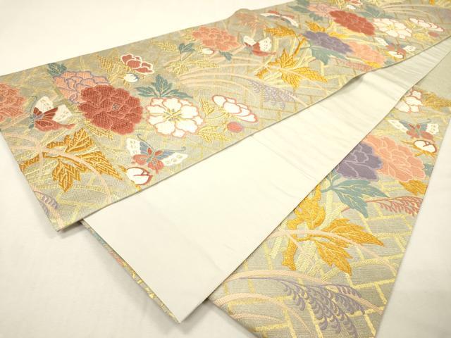 平和屋着物▼西陣　野々村織物謹製　六通柄袋帯　唐織　舞蝶草花文　金糸　正絹　逸品　DABH7137fe