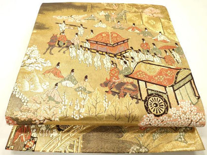 平和屋着物▼全通全景柄袋帯　洛中洛外図　金糸　反端付き　正絹　逸品　DABH7148fe