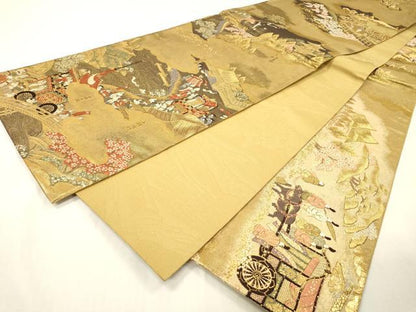 平和屋着物▼全通全景柄袋帯　洛中洛外図　金糸　反端付き　正絹　逸品　DABH7148fe