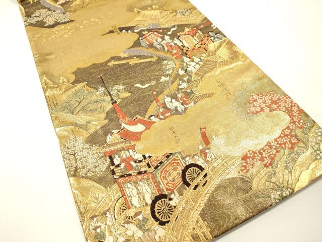 平和屋着物▼全通全景柄袋帯　洛中洛外図　金糸　反端付き　正絹　逸品　DABH7148fe