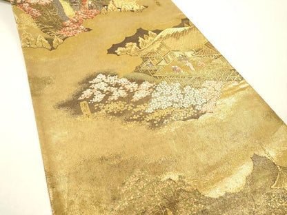 平和屋着物▼全通全景柄袋帯　洛中洛外図　金糸　反端付き　正絹　逸品　DABH7148fe