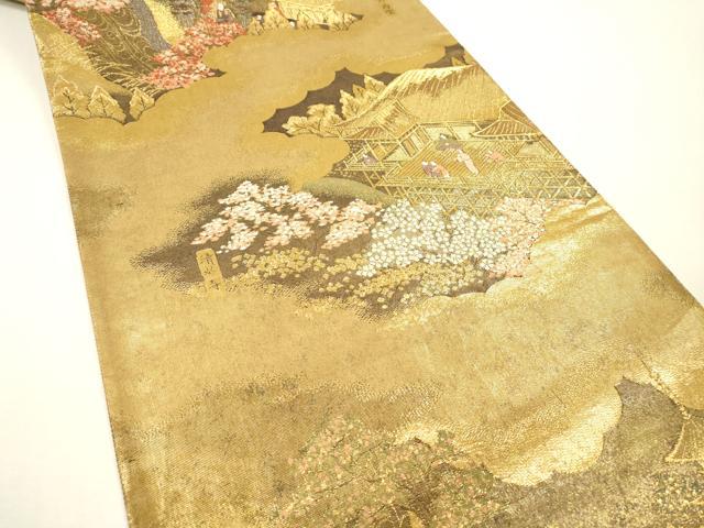 平和屋着物▼全通全景柄袋帯　洛中洛外図　金糸　反端付き　正絹　逸品　DABH7148fe