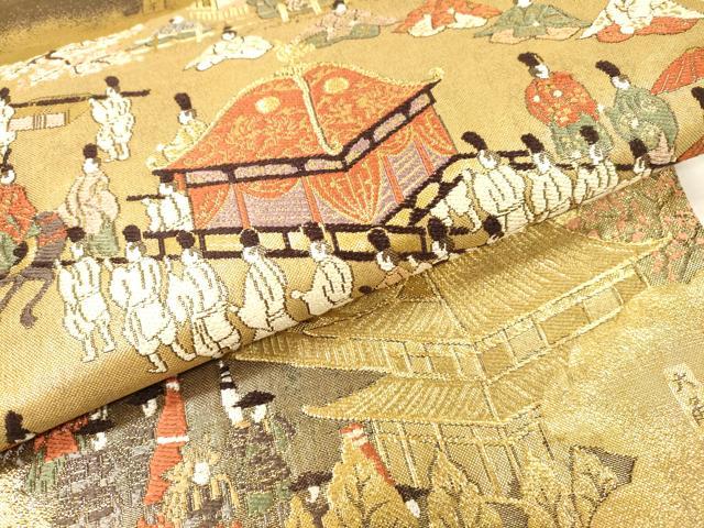 平和屋着物▼全通全景柄袋帯　洛中洛外図　金糸　反端付き　正絹　逸品　DABH7148fe