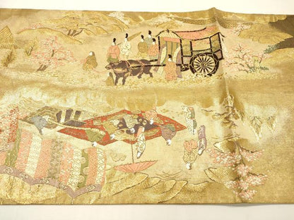 平和屋着物▼全通全景柄袋帯　洛中洛外図　金糸　反端付き　正絹　逸品　DABH7148fe