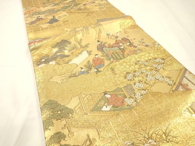 平和屋着物▼全通柄袋帯　平安人物文　金糸　正絹　逸品　DABH7149fe