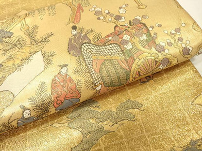平和屋着物▼全通柄袋帯　平安人物文　金糸　正絹　逸品　DABH7149fe
