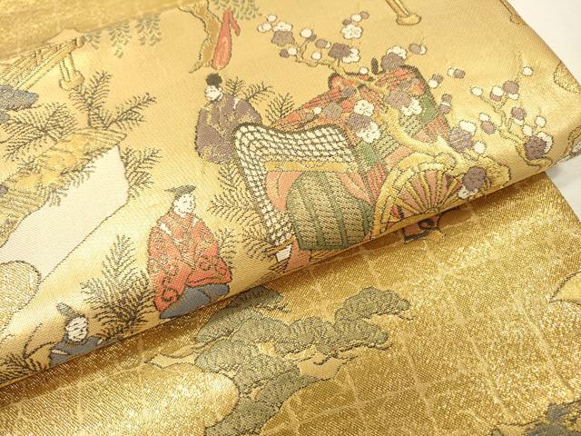 平和屋着物▼全通柄袋帯　平安人物文　金糸　正絹　逸品　DABH7149fe