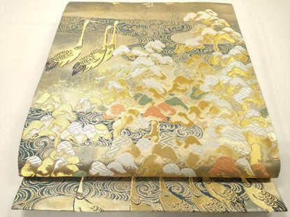 平和屋着物▼六通柄袋帯　流水群れ鶴松文　金銀糸　引箔　正絹　逸品　DABH7151fe