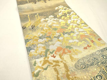 平和屋着物▼六通柄袋帯　流水群れ鶴松文　金銀糸　引箔　正絹　逸品　DABH7151fe