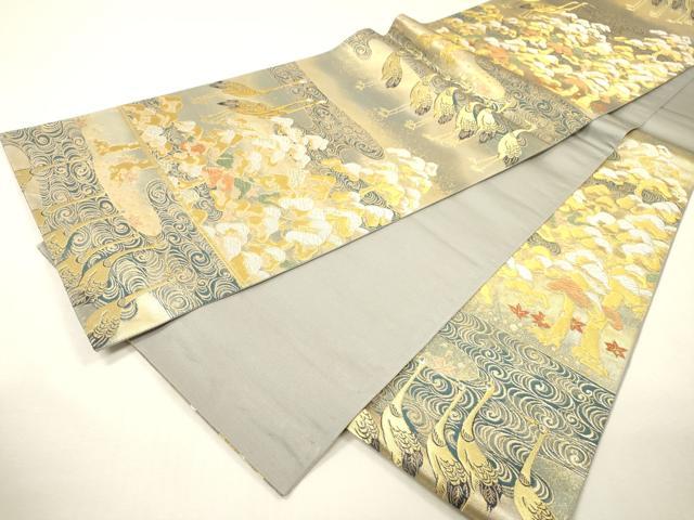 平和屋着物▼六通柄袋帯　流水群れ鶴松文　金銀糸　引箔　正絹　逸品　DABH7151fe