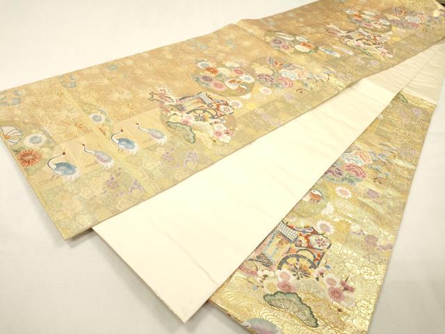 平和屋着物▼六通柄袋帯　唐織　御所車鴛鴦花文　金糸　正絹　逸品　DABH7160fe