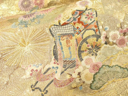 平和屋着物▼六通柄袋帯　唐織　御所車鴛鴦花文　金糸　正絹　逸品　DABH7160fe