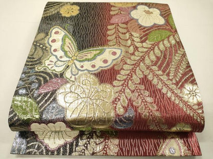 平和屋着物▼六通柄袋帯　辻が花　舞蝶花文　金糸　正絹　逸品　DABH7165fe