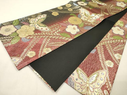 平和屋着物▼六通柄袋帯　辻が花　舞蝶花文　金糸　正絹　逸品　DABH7165fe