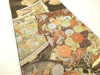 平和屋着物▼六通柄袋帯　誰が袖屏風花文　黒地　金銀糸　引箔　正絹　逸品　DABH7166fe