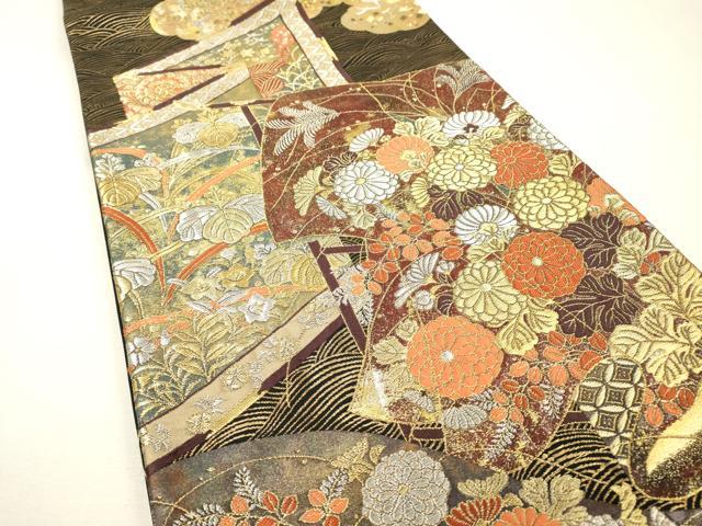 平和屋着物▼六通柄袋帯　誰が袖屏風花文　黒地　金銀糸　引箔　正絹　逸品　DABH7166fe