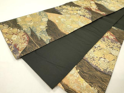 平和屋着物▼六通柄袋帯　誰が袖屏風花文　黒地　金銀糸　引箔　正絹　逸品　DABH7166fe