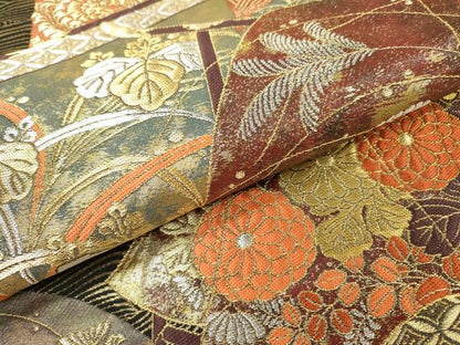 平和屋着物▼六通柄袋帯　誰が袖屏風花文　黒地　金銀糸　引箔　正絹　逸品　DABH7166fe