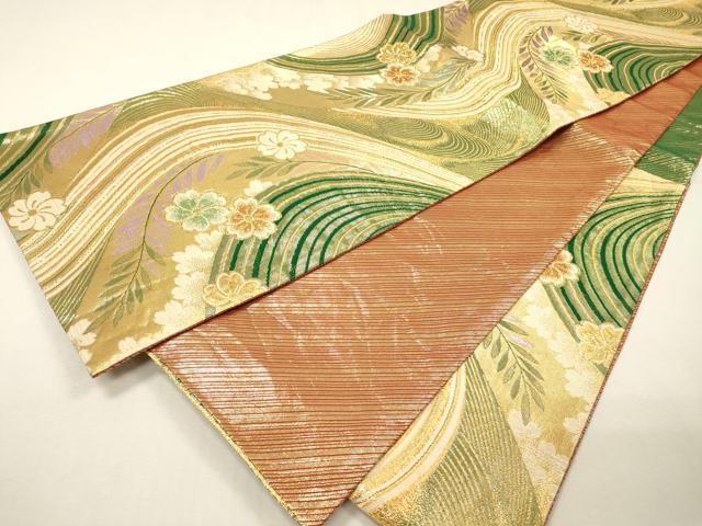 平和屋着物▼佐賀錦　両面　六通柄袋帯　流水花文　金糸　正絹　逸品　DABH7173fe
