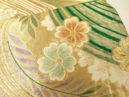 平和屋着物▼佐賀錦　両面　六通柄袋帯　流水花文　金糸　正絹　逸品　DABH7173fe