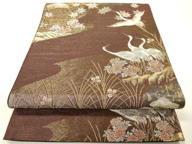 平和屋着物▼六通柄袋帯　錦秀松鶴遊文　引箔　正絹　逸品　DABH7174fe