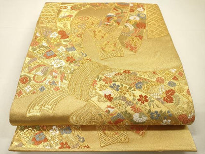 平和屋着物▼六通柄袋帯　唐織　吉祥束ね熨斗花鳥文　金糸　正絹　逸品　DABH7175fe
