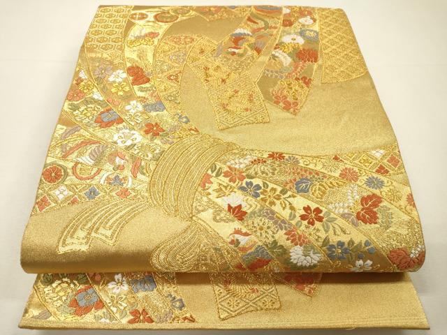 平和屋着物▼六通柄袋帯　唐織　吉祥束ね熨斗花鳥文　金糸　正絹　逸品　DABH7175fe