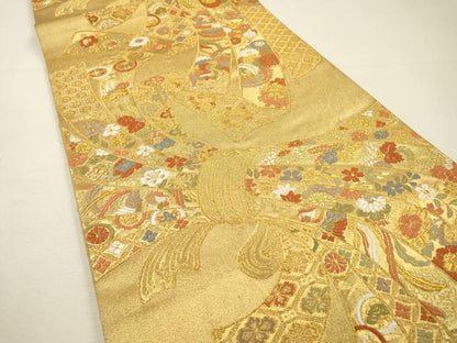 平和屋着物▼六通柄袋帯　唐織　吉祥束ね熨斗花鳥文　金糸　正絹　逸品　DABH7175fe