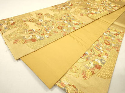 平和屋着物▼六通柄袋帯　唐織　吉祥束ね熨斗花鳥文　金糸　正絹　逸品　DABH7175fe
