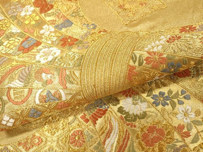 平和屋着物▼六通柄袋帯　唐織　吉祥束ね熨斗花鳥文　金糸　正絹　逸品　DABH7175fe