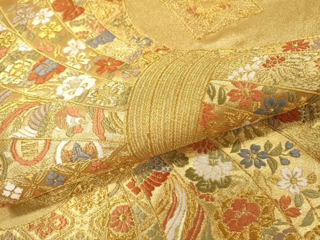 平和屋着物▼六通柄袋帯　唐織　吉祥束ね熨斗花鳥文　金糸　正絹　逸品　DABH7175fe