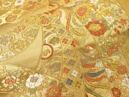 平和屋着物▼六通柄袋帯　唐織　吉祥束ね熨斗花鳥文　金糸　正絹　逸品　DABH7175fe