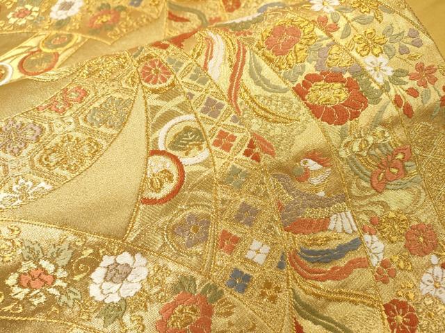 平和屋着物▼六通柄袋帯　唐織　吉祥束ね熨斗花鳥文　金糸　正絹　逸品　DABH7175fe