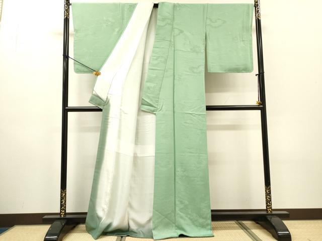 平和屋着物●上質な色無地　雲取り芝花地紋　錆青磁色　正絹　逸品　未使用　DABH7180fe