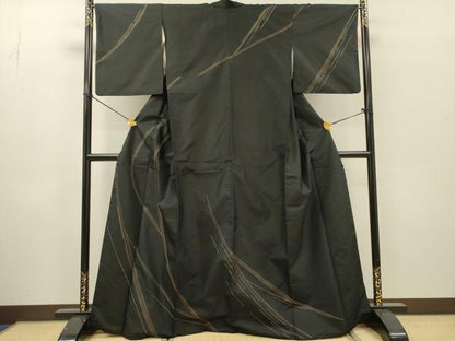 平和屋着物●本場縞大島紬　訪問着　刺子　流線文　黒地　正絹　逸品　DABH7182fe