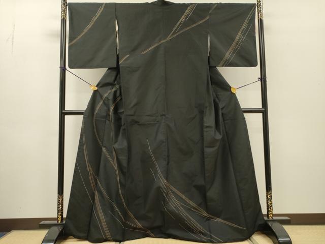 平和屋着物●本場縞大島紬　訪問着　刺子　流線文　黒地　正絹　逸品　DABH7182fe