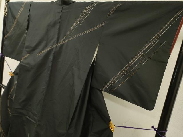 平和屋着物●本場縞大島紬　訪問着　刺子　流線文　黒地　正絹　逸品　DABH7182fe