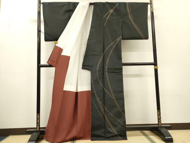平和屋着物●本場縞大島紬　訪問着　刺子　流線文　黒地　正絹　逸品　DABH7182fe