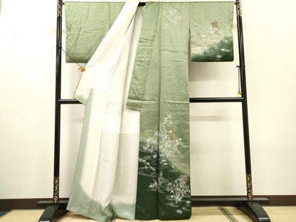 平和屋着物●中国三大刺繍　スワトウ刺繍　汕頭刺繍　訪問着　流水短冊花文　暈し染　金糸　正絹　逸品　DABH7185fe