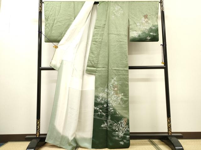 平和屋着物●中国三大刺繍　スワトウ刺繍　汕頭刺繍　訪問着　流水短冊花文　暈し染　金糸　正絹　逸品　DABH7185fe