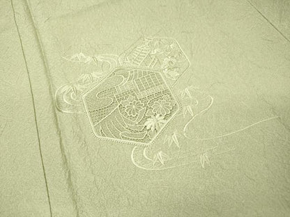 平和屋着物▼中国三大刺繍　スワトウ刺繍　汕頭刺繍　総刺繍　無地絵羽訪問着　亀甲風景花文　柳鼠色　正絹　逸品　DABH7193fe