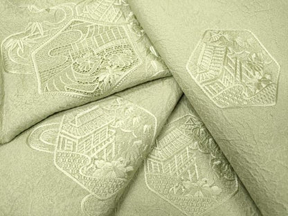 平和屋着物▼中国三大刺繍　スワトウ刺繍　汕頭刺繍　総刺繍　無地絵羽訪問着　亀甲風景花文　柳鼠色　正絹　逸品　DABH7193fe