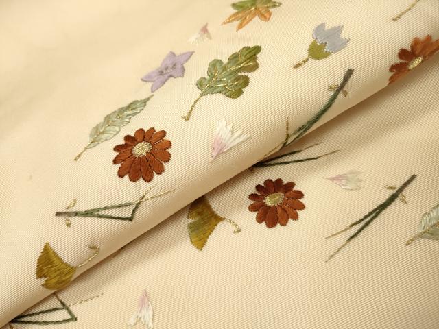 平和屋着物●塩瀬　九寸名古屋帯　総刺繍　吹き寄せ花文　金糸　正絹　逸品　DABH7196fe