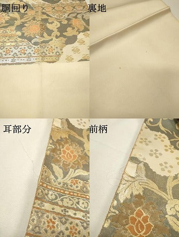 平和屋着物▼西陣　服部織物謹製　六通柄袋帯　こはく錦　手工芸　二重箔織　正倉院更紗花唐草文　金銀糸　正絹　逸品　DABH7209fe