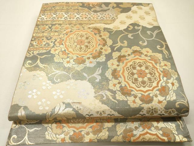 平和屋着物▼西陣　服部織物謹製　六通柄袋帯　こはく錦　手工芸　二重箔織　正倉院更紗花唐草文　金銀糸　正絹　逸品　DABH7209fe