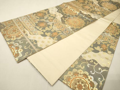 平和屋着物▼西陣　服部織物謹製　六通柄袋帯　こはく錦　手工芸　二重箔織　正倉院更紗花唐草文　金銀糸　正絹　逸品　DABH7209fe