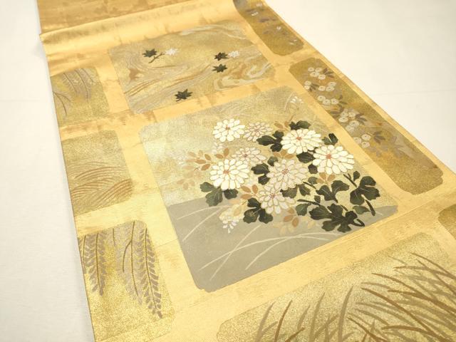 平和屋着物▼六通柄袋帯　駒刺繍　色紙花文　金彩　正絹　逸品　DABH7215fe
