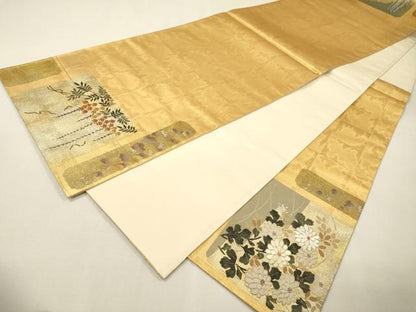 平和屋着物▼六通柄袋帯　駒刺繍　色紙花文　金彩　正絹　逸品　DABH7215fe